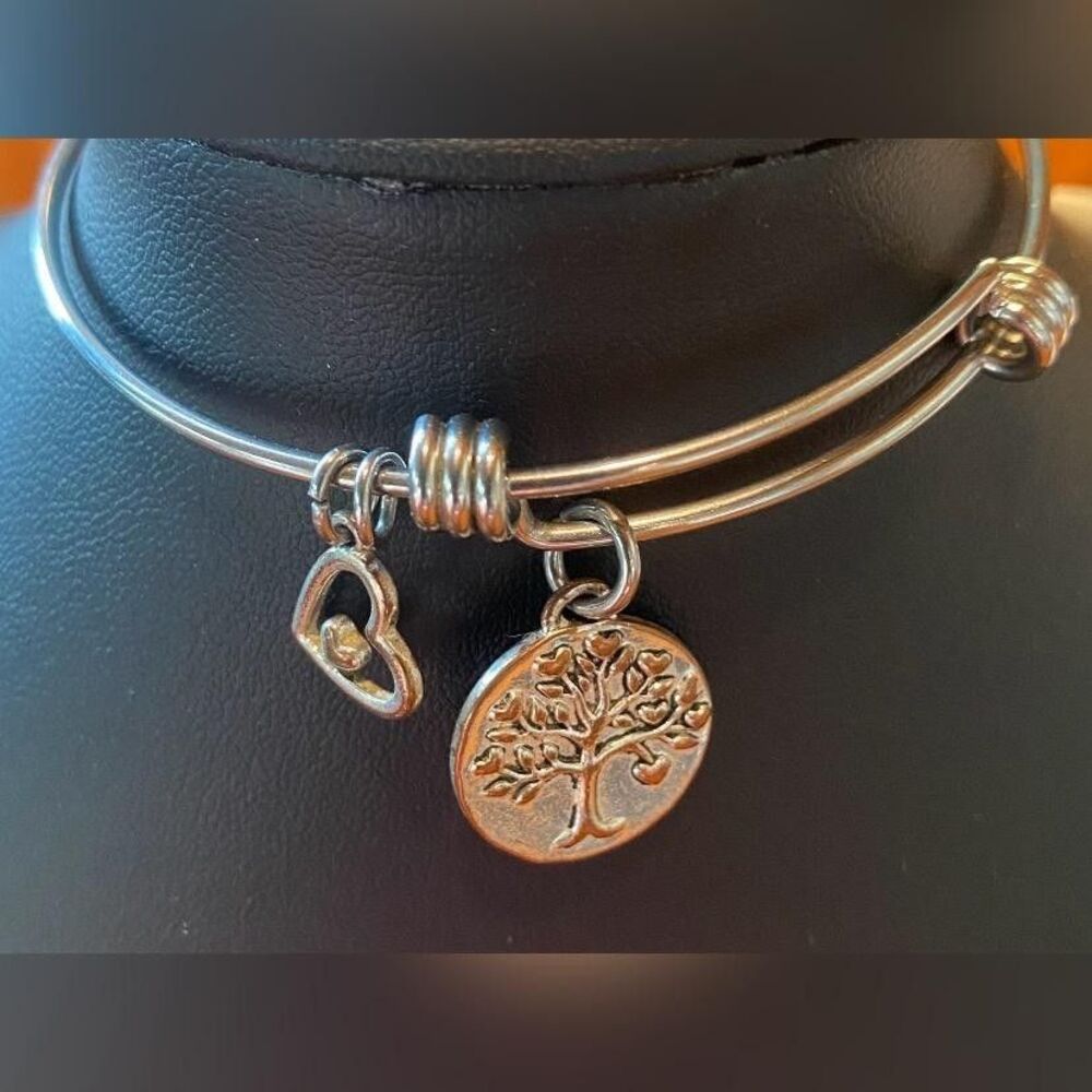 Alex & Ani Tree of Life Heart Charm Bangle Bracelet Womens Silver Tone